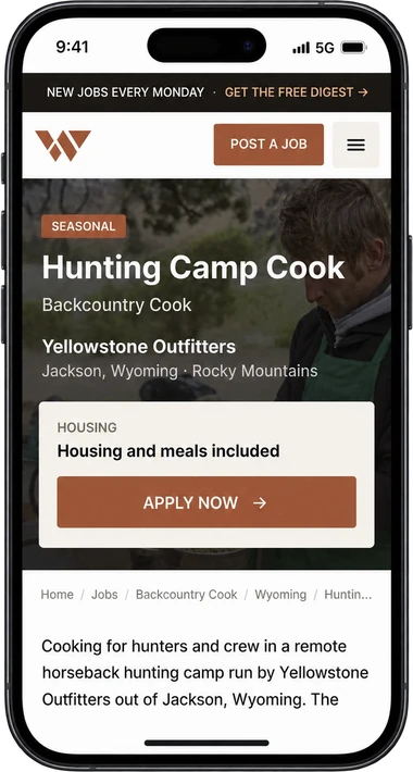 A WildWork job listing on a phone, showing the job, the employer, housing and meals, and an Apply Now button