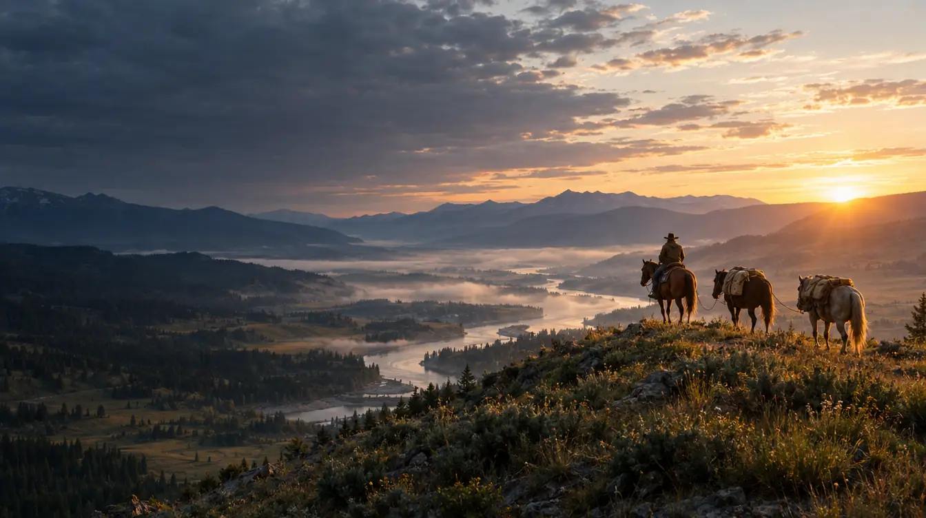 Horseback packer leading a pack string along a ridge at sunrise