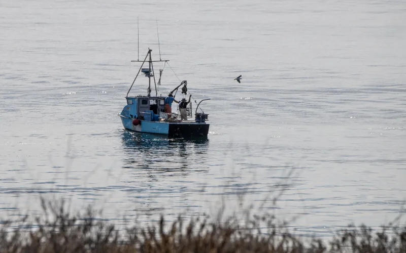 Two crew members in rain gear haul a crab pot aboard a small blue fishing boat on calm water off the California coast